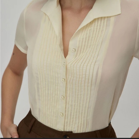 RIHOAS Tops - RIHOAS Academia Cream Sheer Pleated Chiffon V Neck Layer Button Down Blouse